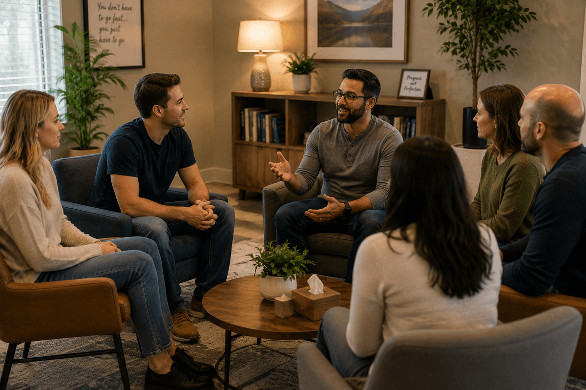 Small group therapy session with adults seated together in a supportive setting, reflecting peer connection, shared experiences, and compassionate addiction recovery treatment.