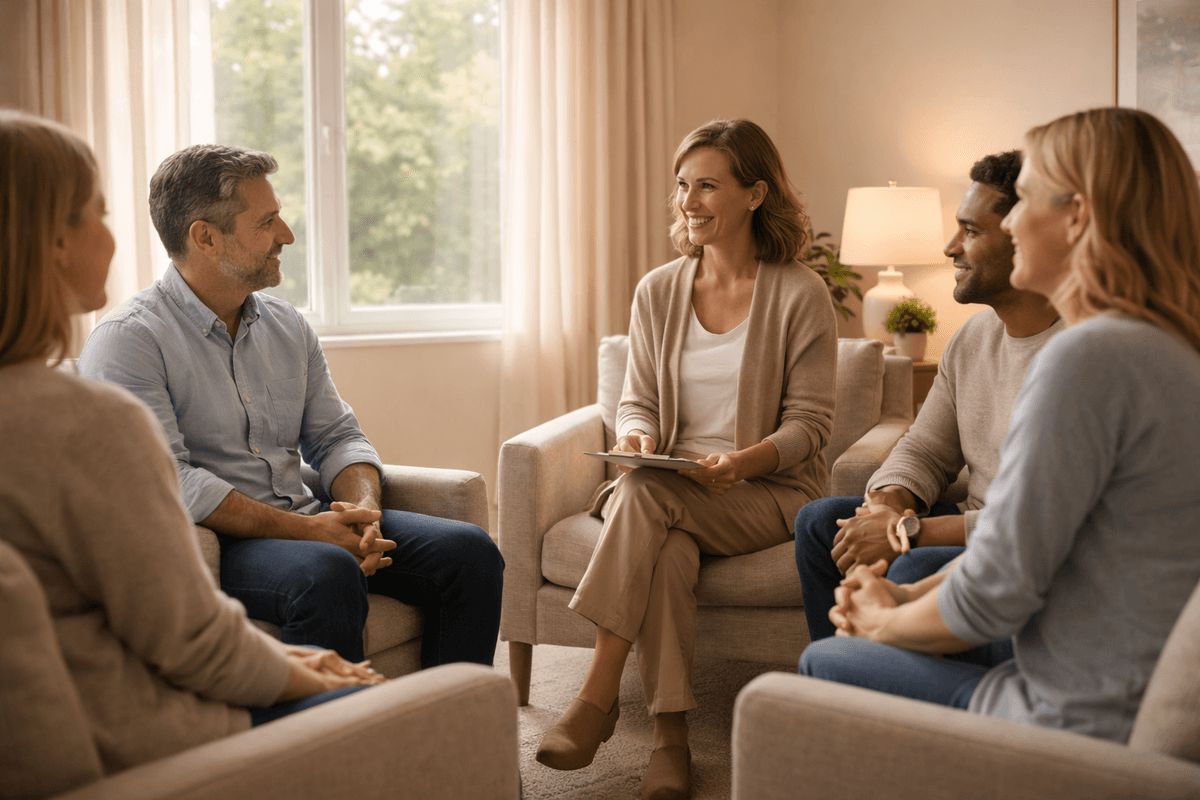 A small group of 3-4 adults in a circle in a comfortable, well-lit room — a group therapy session with a counselor. Relaxed body language, attentive faces. No sadness or drama. Natural light. Photorealistic.